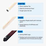 Jonny 8 Ball 58 Inch 2 Piece Maple American Pool Cue 13mm Tip - BLACK