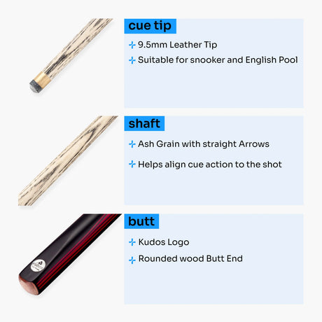 Kudos DIAMOND 57 Inch 2 Piece Matching Ash Grain Snooker Pool Cue - 9.5mm Tip Kudos