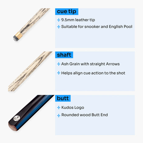 Kudos DIAMOND 57 Inch 2 Piece Matching Ash Grain Snooker Pool Cue - 9.5mm Tip Kudos