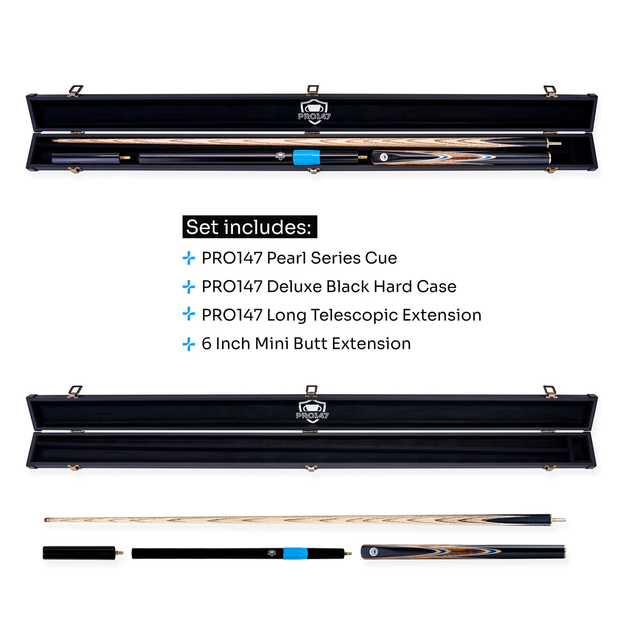 PRO147 Pearl Series Blue Zebra 3/4 Joint Deluxe Cue and Case Set with 9.5mm Professional Red Leather Tip