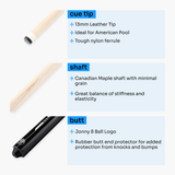 Jonny 8 Ball 58 Inch 2 Piece Maple American Pool Cue 13mm Tip - BLACK