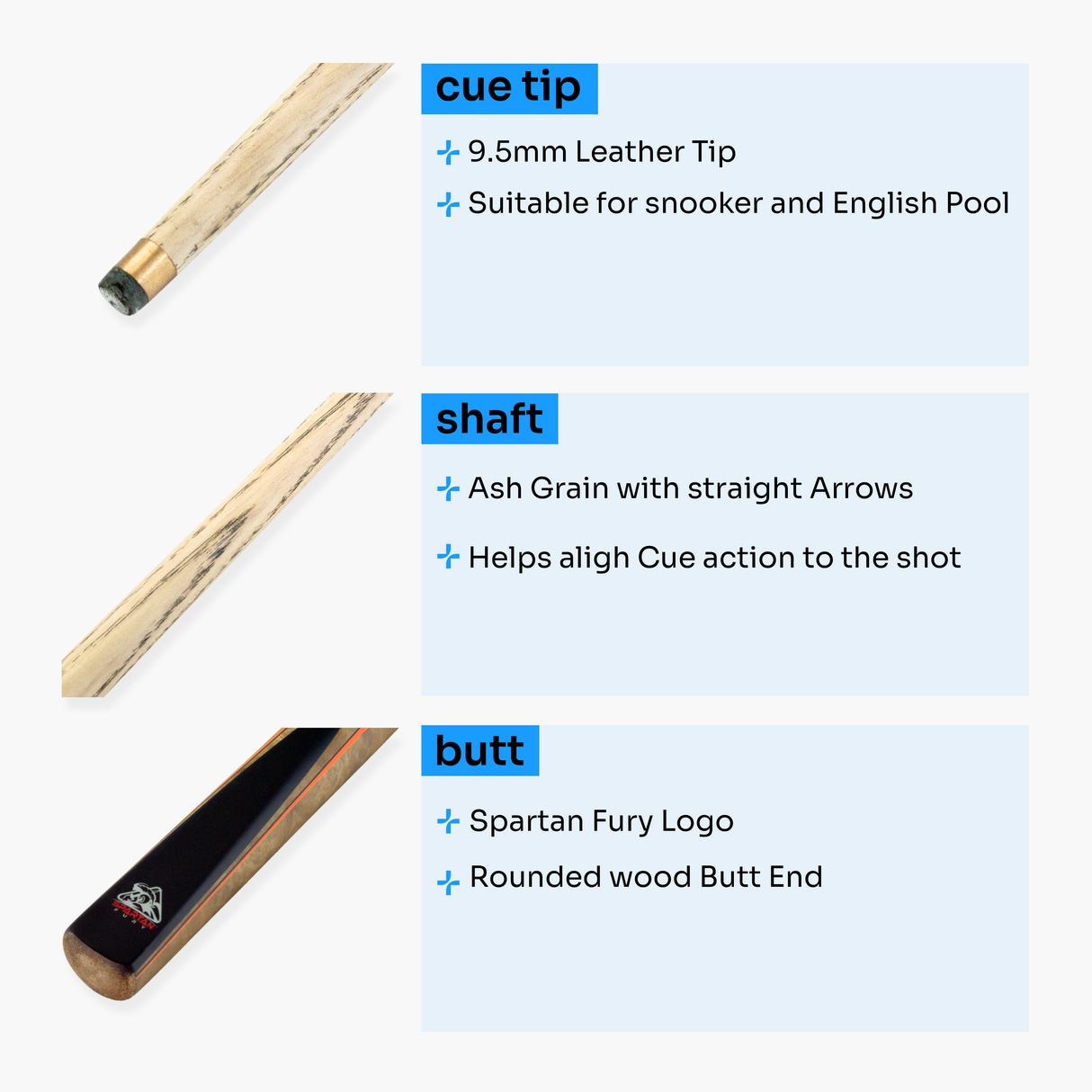 Spartan Fury VANQUISH 57 inch 3/4 Jointed Matching Ash Snooker Pool Cue – 9.5mm Tip