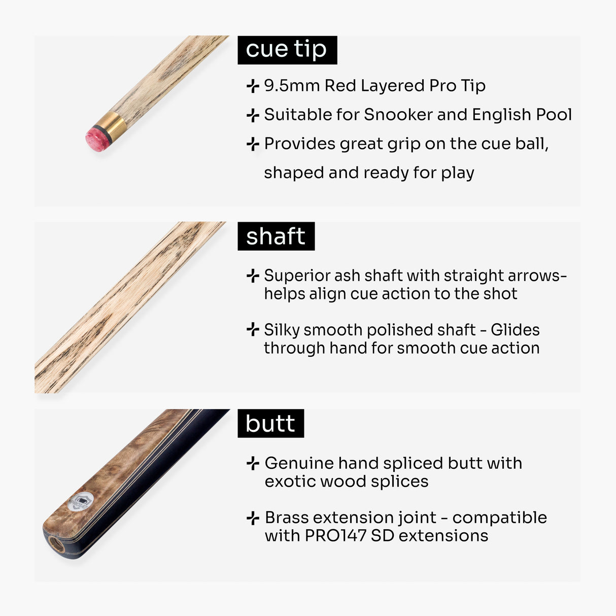 PRO147 Pearl Series Gold Burl 3/4 Joint Cue with 9.5mm Professional Red Leather Tip