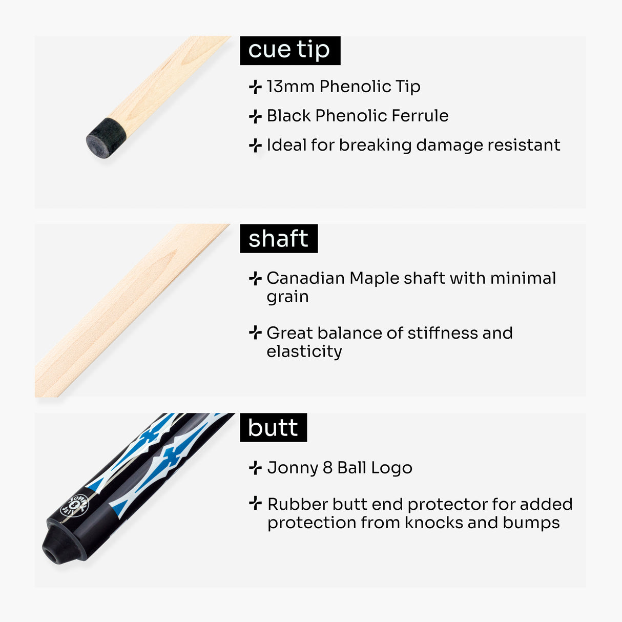 Jonny 8 Ball 2 Piece American Pool Break Cue with 13mm Phenolic Tip - BLACK