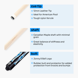 Jonny 8 Ball 58 Inch 2 Piece Maple American Pool Cue 12mm Tip - BLUE