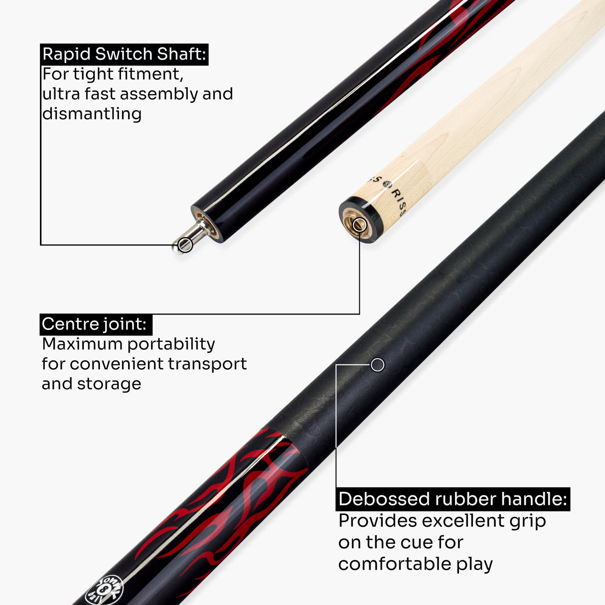 Jonny 8 Ball 2 Piece American Pool Break Cue with 13mm Phenolic Tip - BLACK