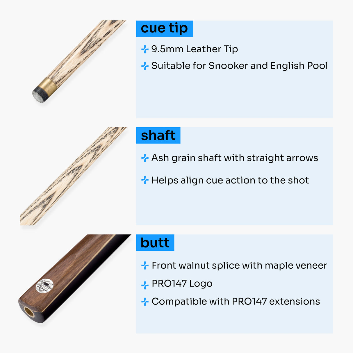 PRO147 Maple Flash 57 Inch 2 Piece Ash Snooker and Pool Cue and Soft Case Set 9.5mm Tip