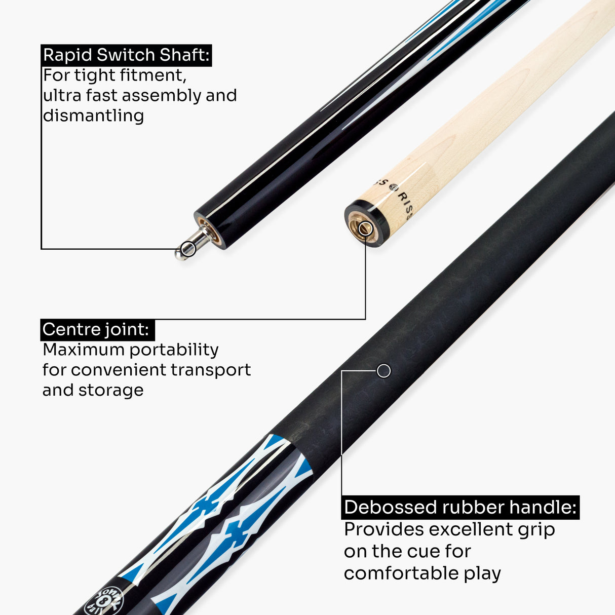 Jonny 8 Ball 2 Piece American Pool Break Cue with 13mm Phenolic Tip - BLACK