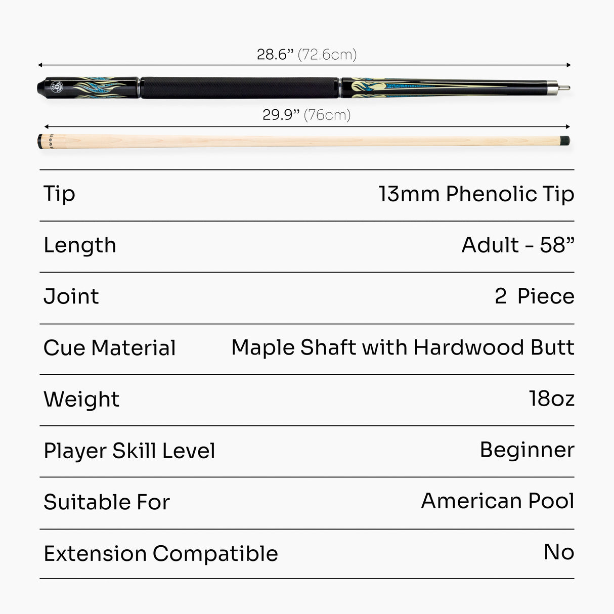 Jonny 8 Ball Aqua RISS 2 Piece American Pool Break and Jump Cue with 13mm Phenolic Tip