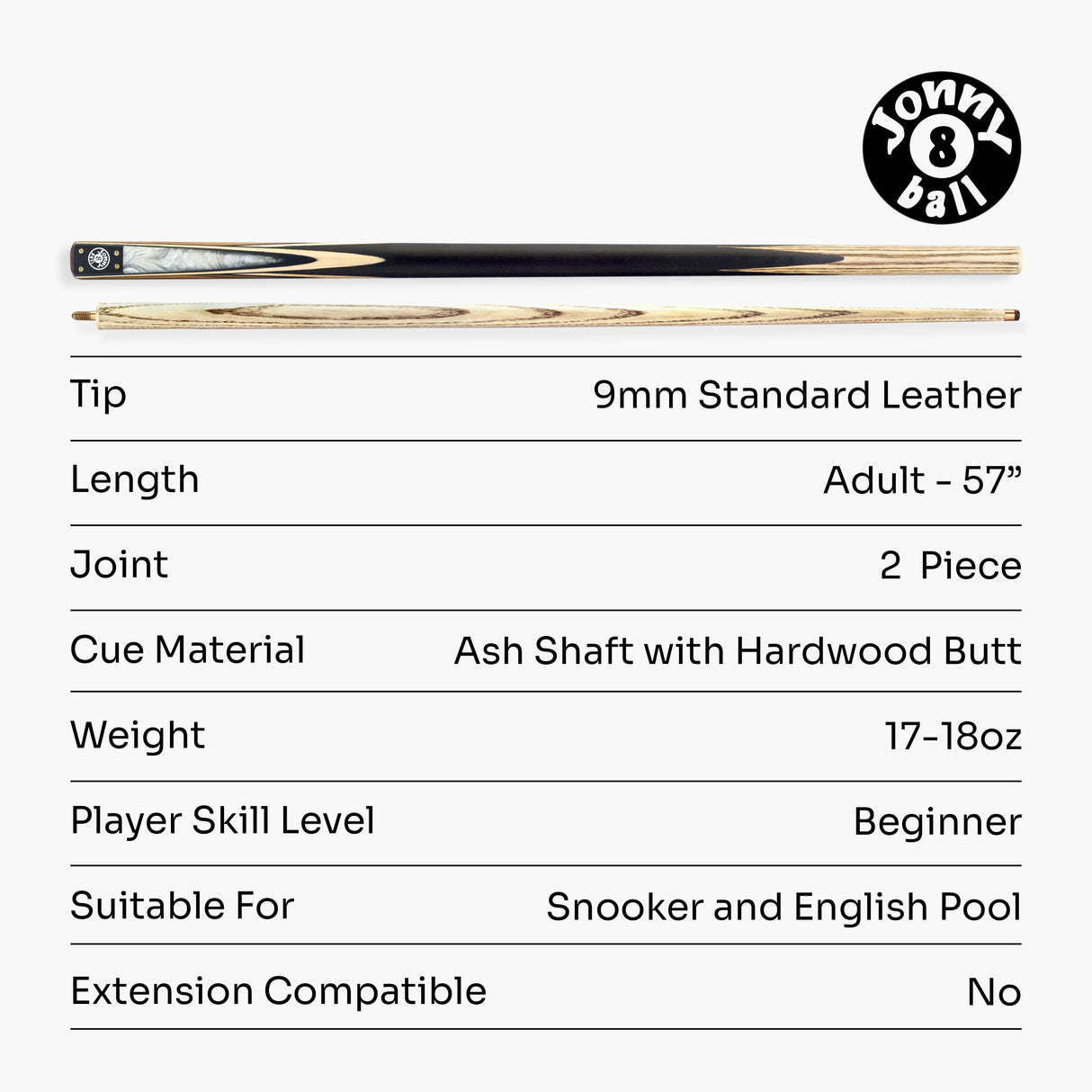 Jonny 8 Ball Marble 57 Inch 2 Piece Matching Ash Snooker Pool Cue with 9mm Tip