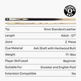 Jonny 8 Ball Marble 57 Inch 2 Piece Matching Ash Snooker Pool Cue with 9mm Tip