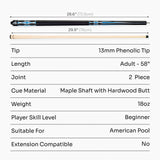 Jonny 8 Ball 2 Piece American Pool Break Cue with 13mm Phenolic Tip - BLACK