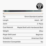 Jonny 8 Ball Mosaic Americano 2 Piece Heavy Weight Maple American Pool Cue 13mm Tip