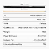 Jonny 8 Ball 2 Piece American Pool Break Cue with 13mm Phenolic Tip - BLACK