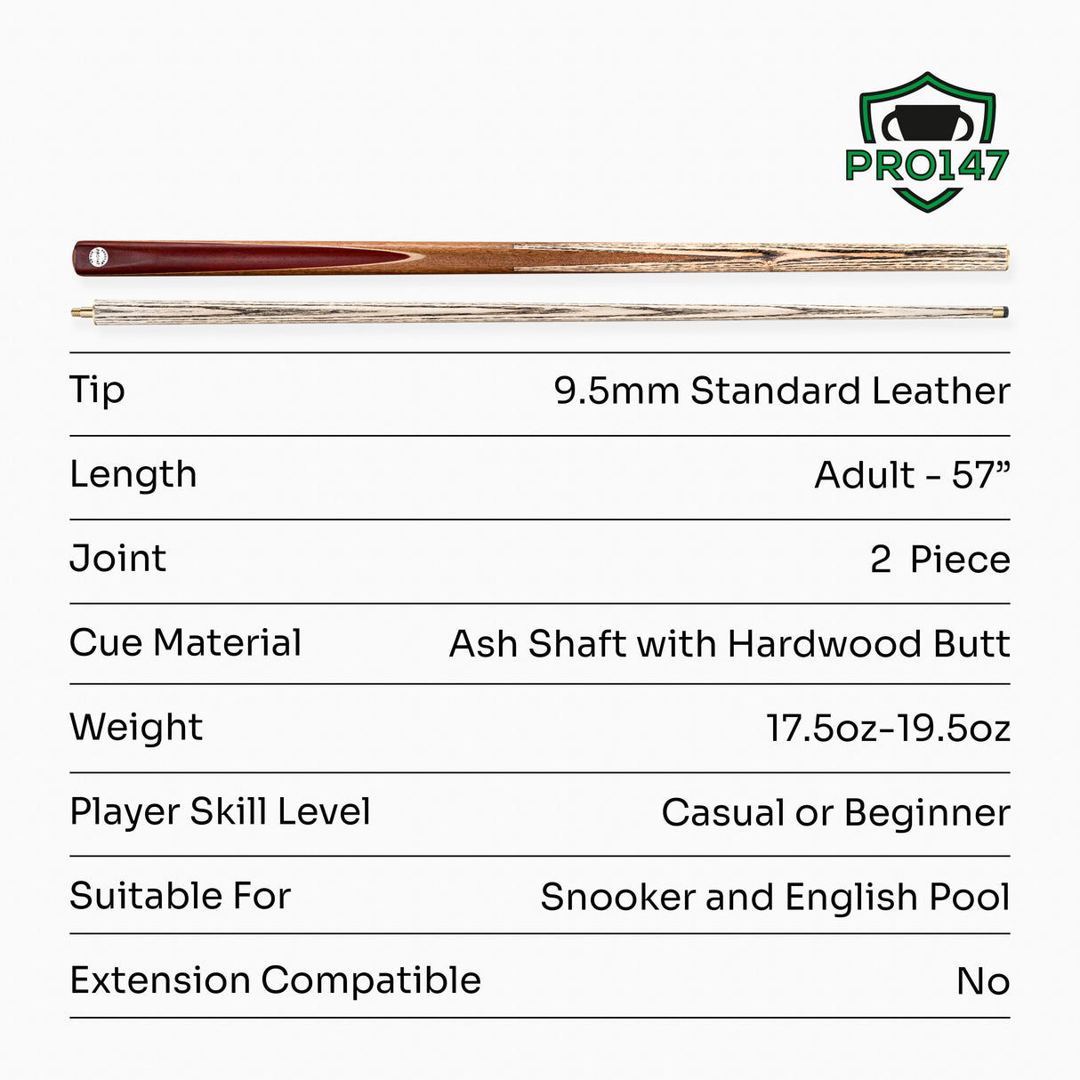 PRO147 Traditional CHAMPION 57 Inch 2 Piece Pool Snooker Cue with 9.5mm Tip - SE13