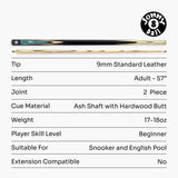 Jonny 8 Ball Marble 57 Inch 2 Piece Matching Ash Snooker Pool Cue with 9mm Tip
