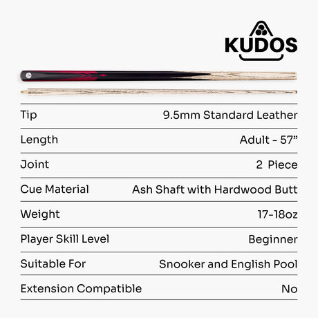 Kudos DIAMOND 57 Inch 2 Piece Matching Ash Grain Snooker Pool Cue - 9.5mm Tip Kudos