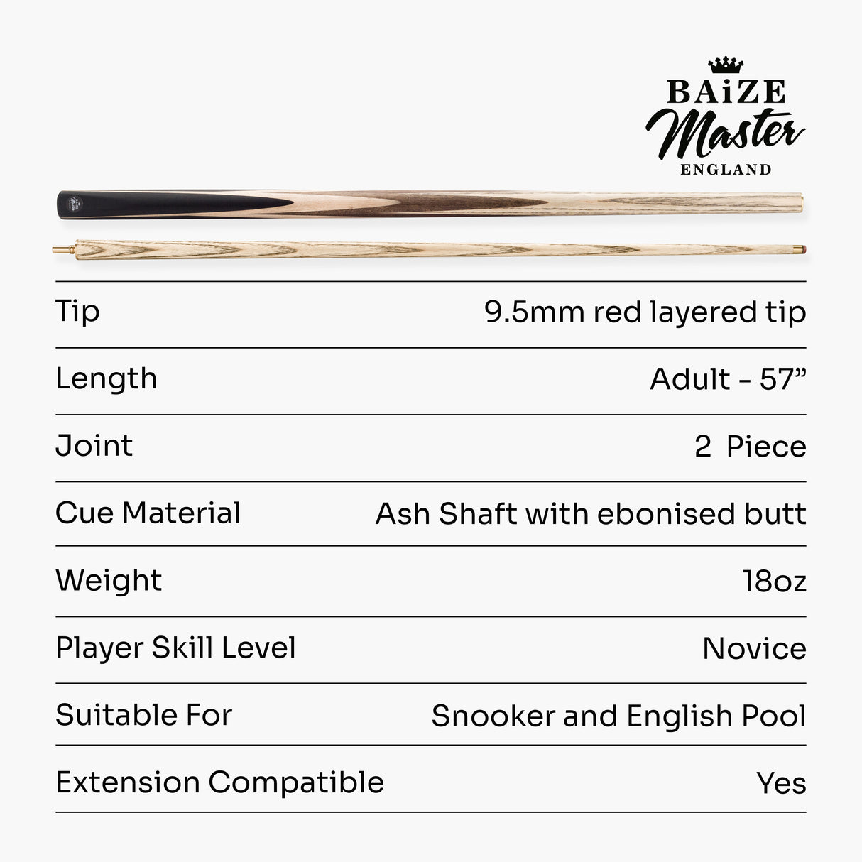 Baize Master Paragon 57 inch 2 Piece Snooker Pool Cue and Case Set 9.3mm Pro Leather Tip