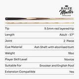 Baize Master Paragon 57 inch 2 Piece Snooker Pool Cue and Case Set 9.3mm Pro Leather Tip