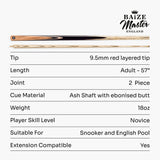 Baize Master Challenger 2 Piece Snooker Pool Cue and Case Set 9.5mm Pro Leather Tip with Black Hard Case