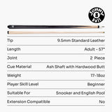 Jonny 8 Ball 57 Inch 2 Piece Pub Style Snooker Pool Cue and Case Set with 9.5mm Tip