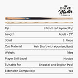 Baize Master Challenger 2 Piece Snooker Pool Cue and Case Set 9.5mm Pro Leather Tip with Black Hard Case