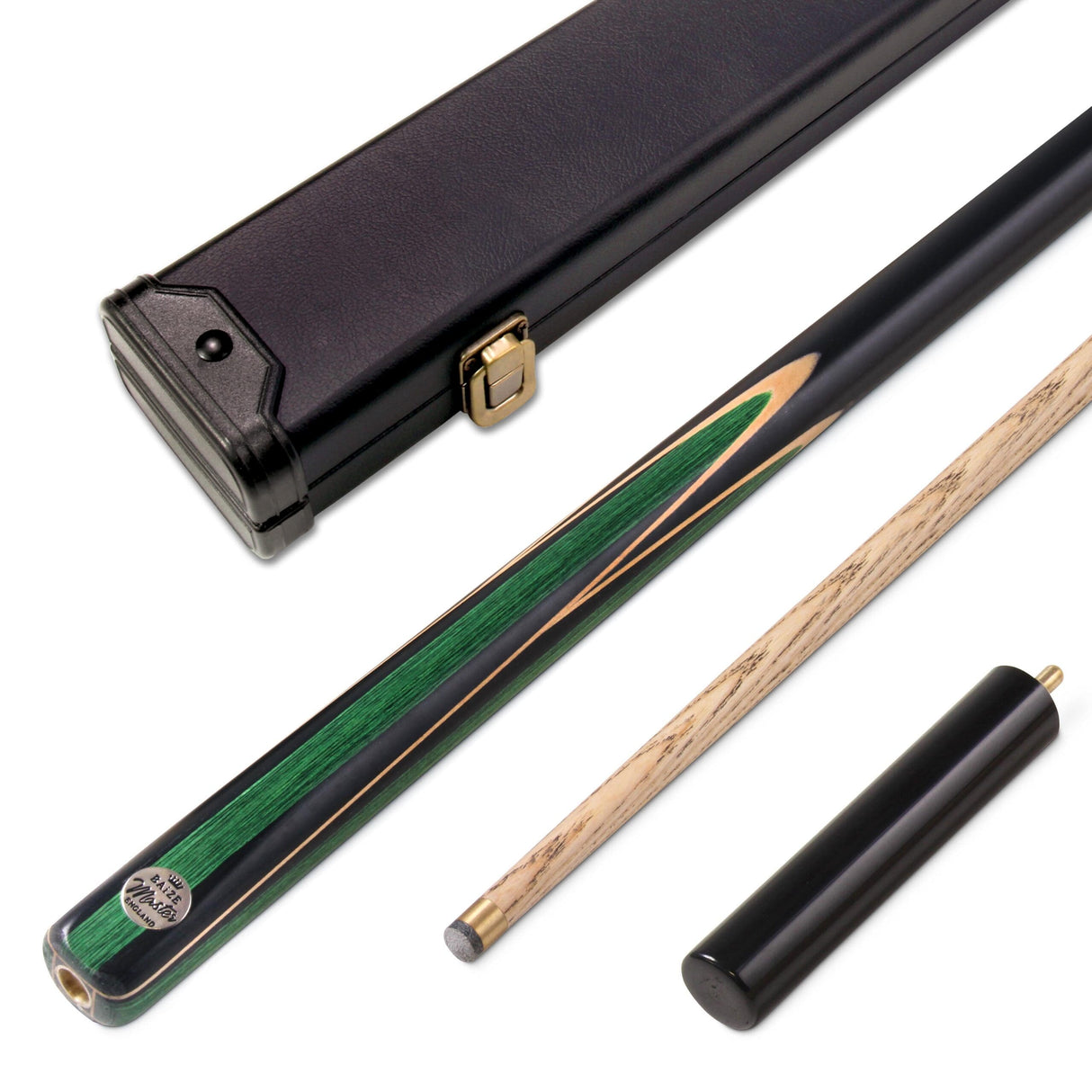 Baize Master GREEN JESTER 2 Piece 57 Inch Centre Joint Ash Snooker Pool Cue and Case Set 9.5mm Tip - With 2 Piece Black White Interior Case