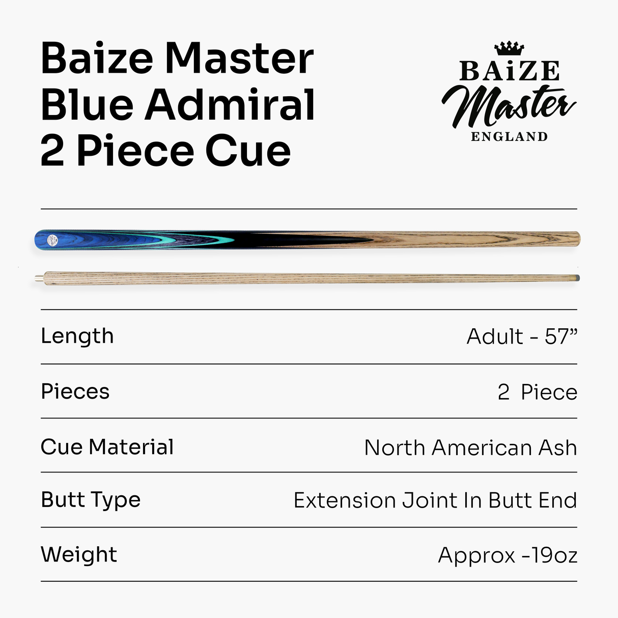 Baize Master Blue Admiral 2 Piece Snooker and Pool Cue with 9.5mm Pro-Impact Tip Baize Master