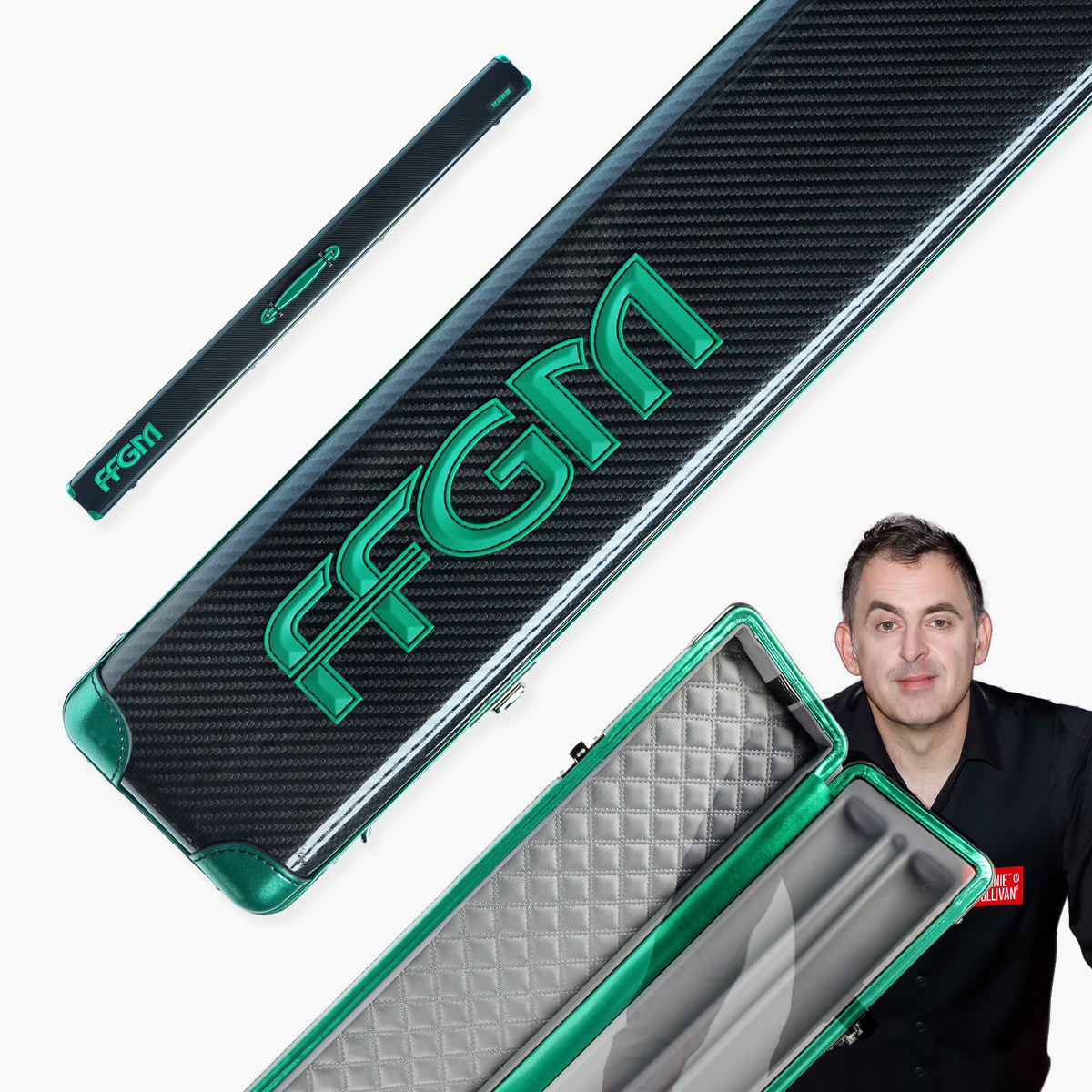 FFGM The Rocket Ronnie O'Sullivan 1 Piece 3 Slot Ultra Luxury Black and Green Snooker and Pool Cue Case - Holds 3 x One Piece Cues