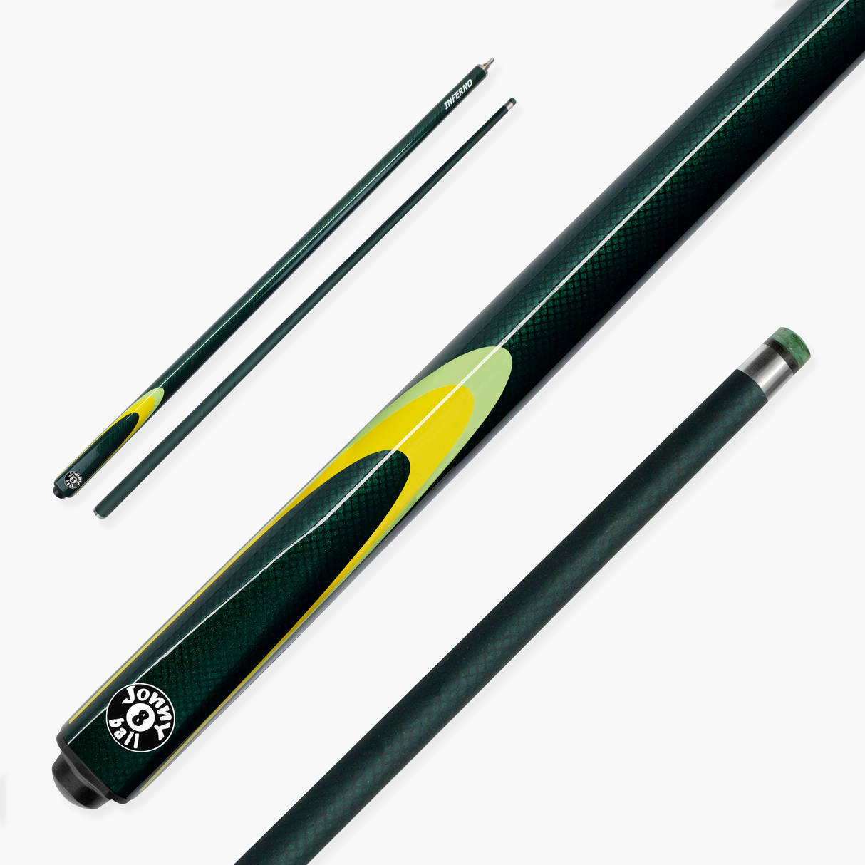 Jonny 8 Ball Inferno 2 Piece Graphite Fiberglass Snooker and Pool Cue 9.5mm Green Layered Tip
