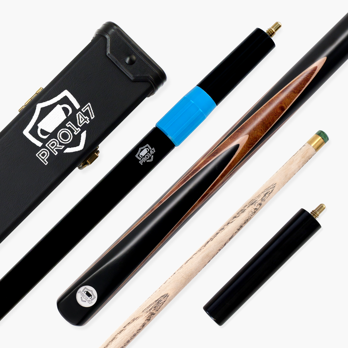 PRO147 Hazel Eclipse 3/4 Joint Snooker and Pool Deluxe Cue, Case and Extensions Set with 9.5mm Green Layered Tip