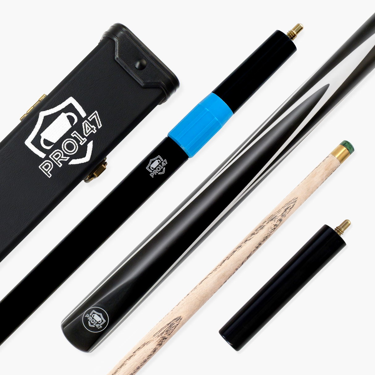 PRO147 Striker 3/4 Jointed Snooker and Pool Cue and Case Deluxe Set with 9.5mm Green Layered Tip
