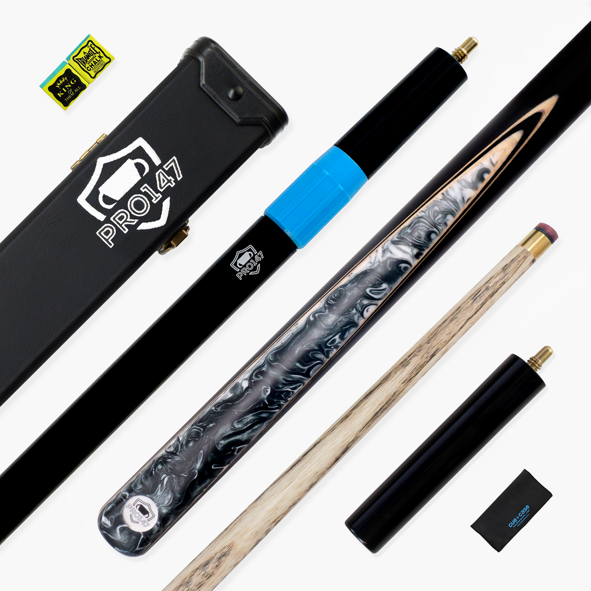 PRO147 Silver Mist ¾ Joint Snooker and Pool Cue and Case Set with 9.5mm Professional Layered Tip - Hand Finished in the UK