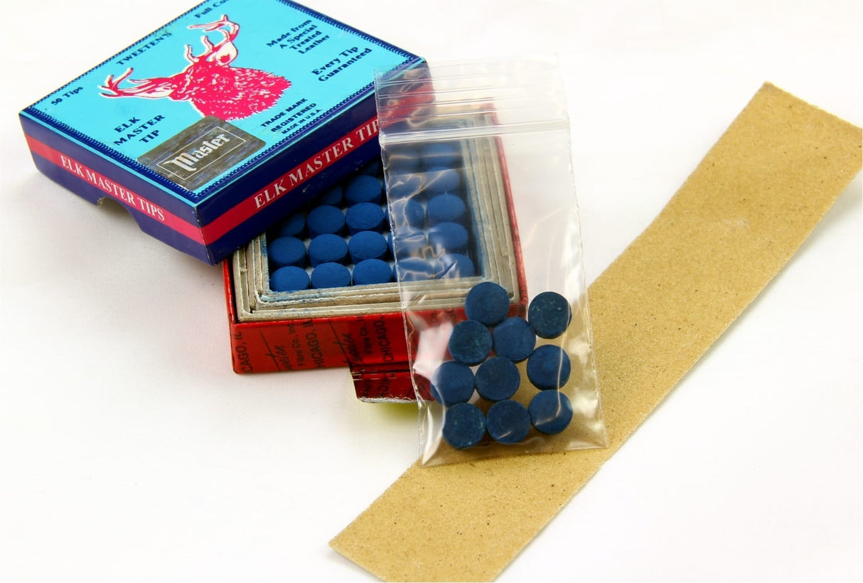 10 X 8mm Tweeten ELK MASTER Leather Snooker Pool Cue Tips - FREE Sandpaper