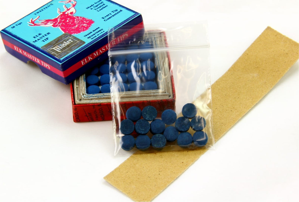 15 X 8.5mm Tweeten ELK MASTER Leather Snooker Pool Cue Tips - FREE Sandpaper