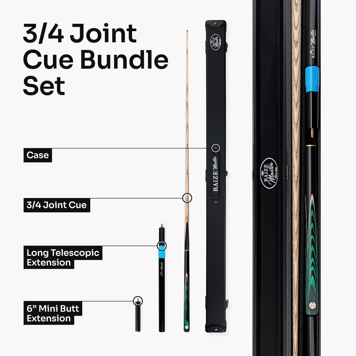 Baize Master Emerald Centurion 3/4 Joint Snooker and Pool Cue and Case Set with 9.5mm Pro Impact Hybrid Tip Baize Master