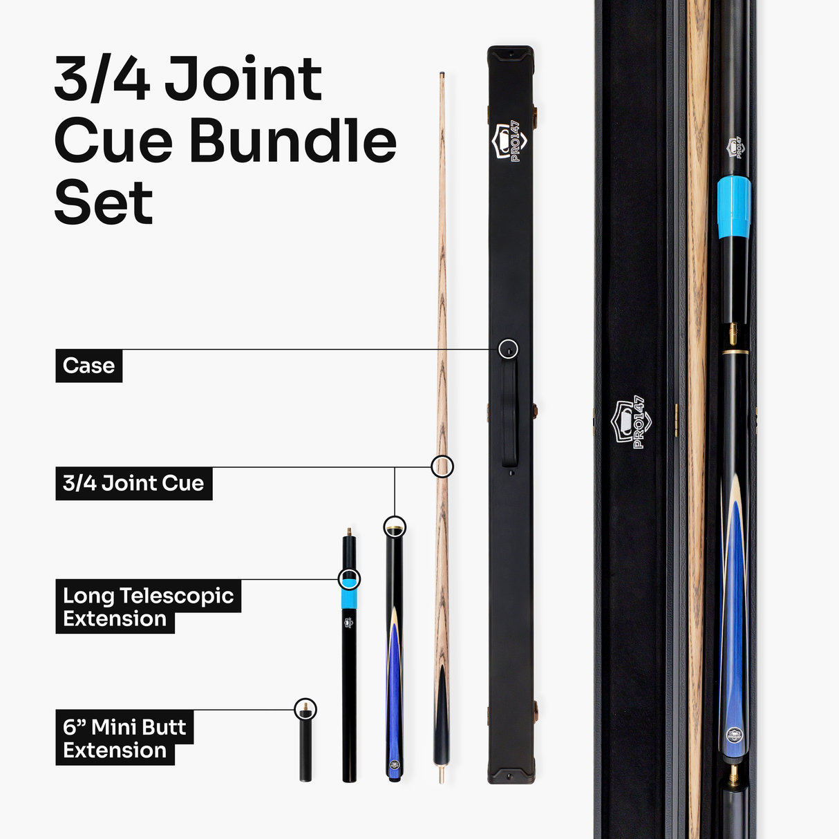 PRO147 Jester 3/4 Joint Snooker and Pool Cue and Case Set with 9.3mm Pro Tip PRO147
