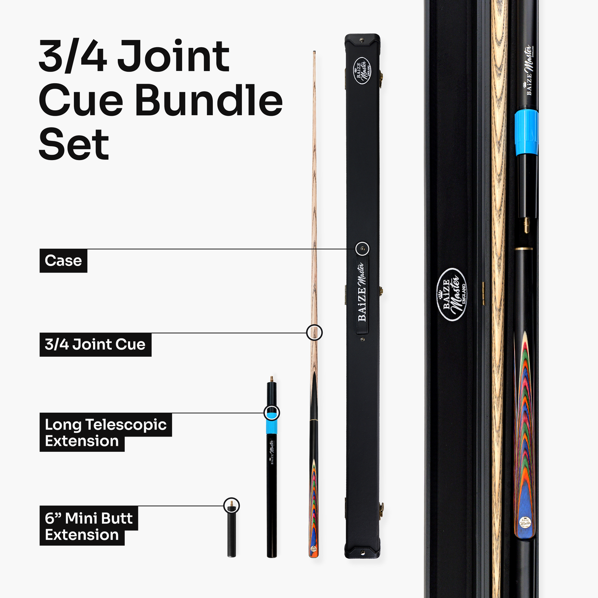 Baize Master Prism Centurion 3/4 Joint Snooker and Pool Cue and Case Set with 9.5mm Pro Impact Hybrid Tip Baize Master