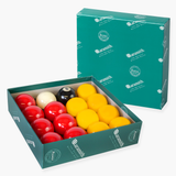 Aramith Premier Red & Yellow 2" Pool Balls with Baize Master Silver Ball Case and Towel