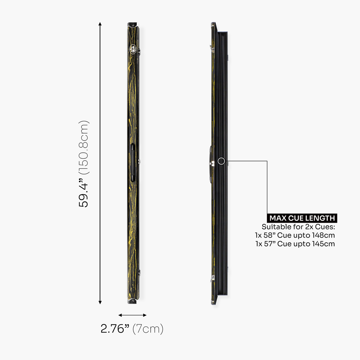 Baize Master Pro Aluminium One Piece Wood Grain Cue Case Metal Ends - Holds 2 Cues