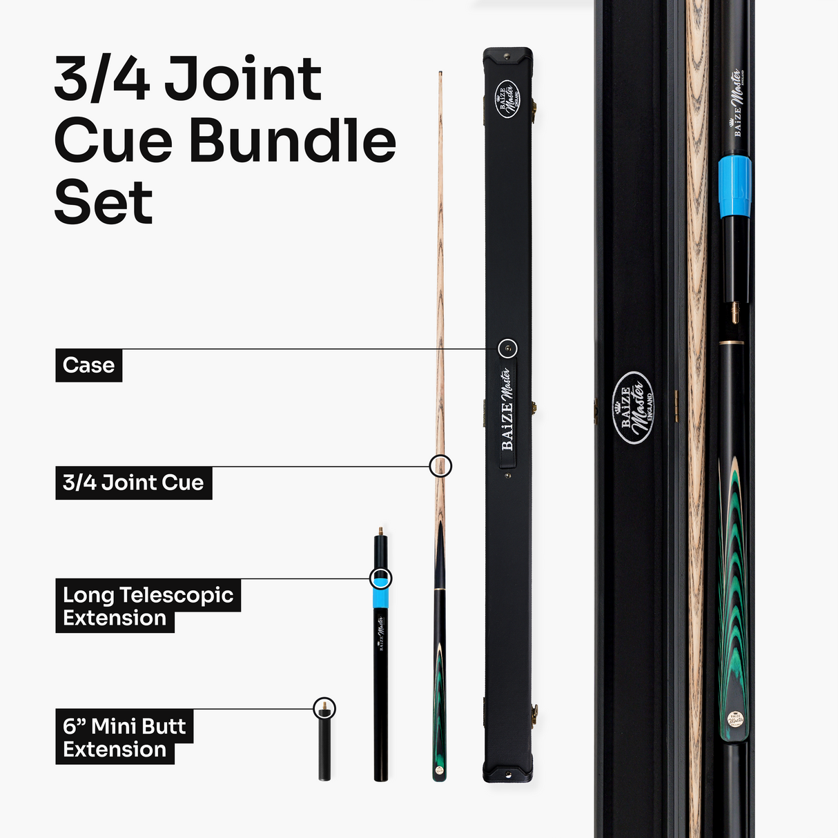 Baize Master Emerald Centurion 3/4 Joint Snooker and Pool Cue and Case Set with 9.5mm Pro Impact Hybrid Tip Baize Master