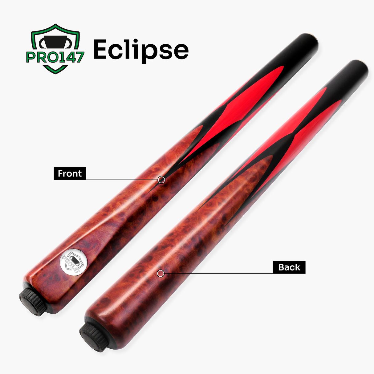 PRO147 Red Eclipse 3/4 Joint Snooker and Pool Cue 9.5mm Green Layered Tip