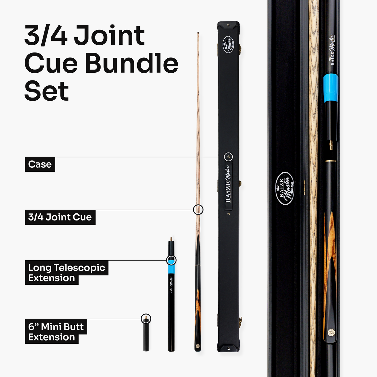 Baize Master Ember Centurion 3/4 Joint Snooker and Pool Cue and Case Set with 9.5mm Pro Impact Hybrid Tip Baize Master