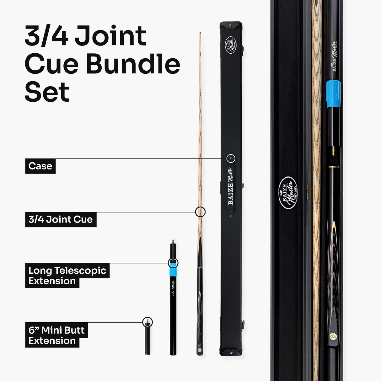 Baize Master Grey Centurion 3/4 Joint Snooker and Pool Cue and Case Set with 9.5mm Pro Impact Hybrid Tip Baize Master