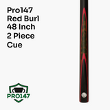 PRO147 48 Inch 2 Piece Red Burl Junior Kids Snooker Pool Cue and Case Set 10mm Tip