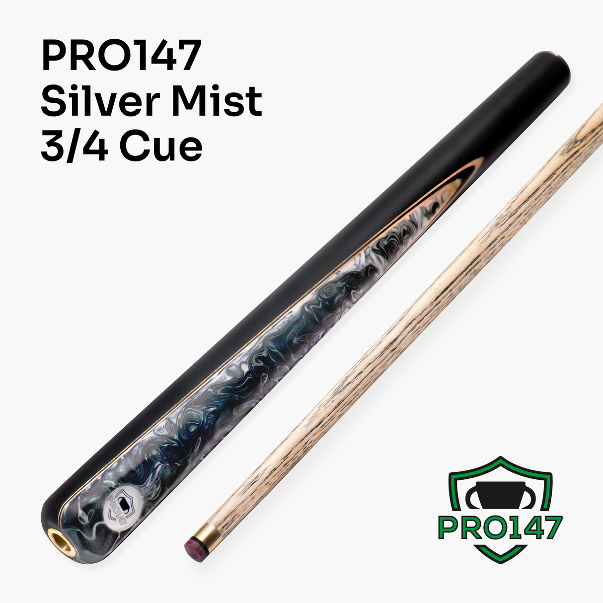 PRO147 Silver Mist ¾ Joint Snooker and Pool Cue with 9.5mm Professional Layered Tip - Hand Finished in the UK