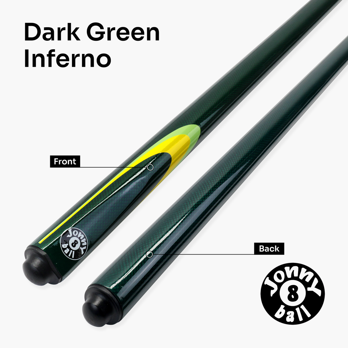 Jonny 8 Ball Inferno 2 Piece Graphite Fiberglass Snooker and Pool Cue 9.5mm Green Layered Tip