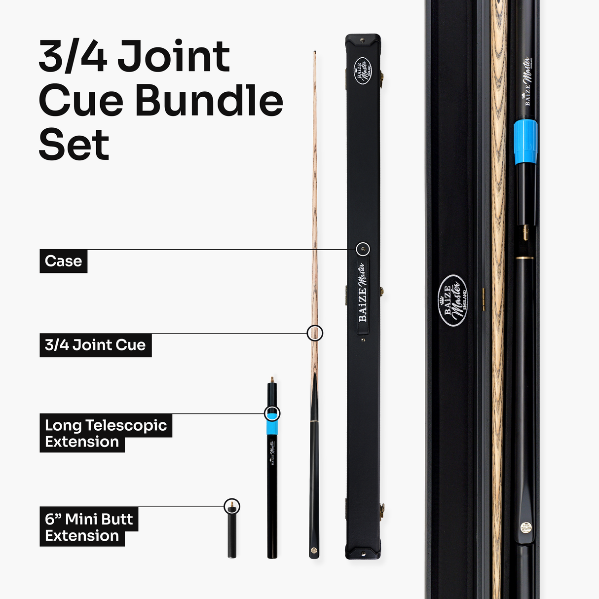 Baize Master Raven Centurion 3/4 Joint Snooker and Pool Cue and Case Set with 9.5mm Pro Impact Hybrid Tip Baize Master