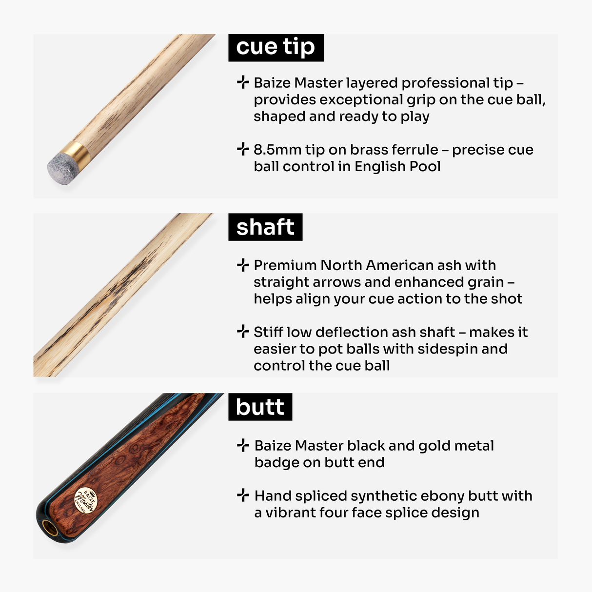 Baize Master Sapphire Marksman ¾ Joint English Pool Cue with 8.5mm Baize Master Blue Pressed Tip