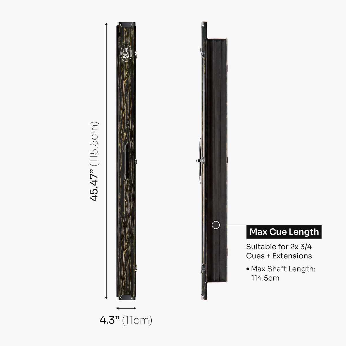 Baize Master Woodgrain 3/4 3 Slot Aluminium Snooker and Pool Cue Case - Holds 2 Cues + Extensions